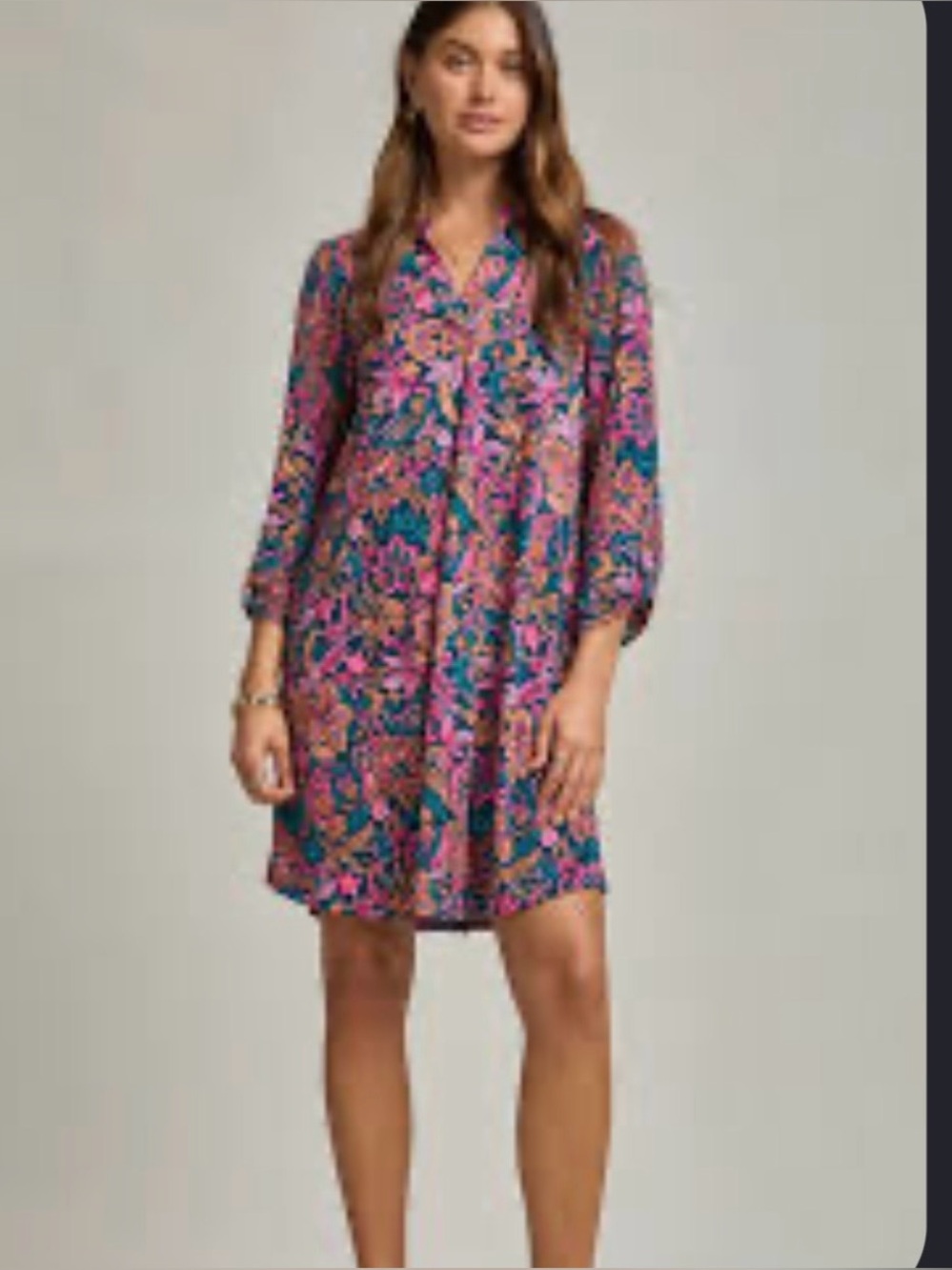 NWT Papagallo Tropical Button V-neck Dress in Black with Pink & Teal - Picture 2 of 8